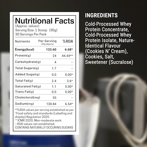 Image of FUELLED Whey Protein Powder Concentrate & Isolate with 24 g Protein, 5 g BCAA (1 kg, 30 Servings) Lab Tested (Cookies N Creme)