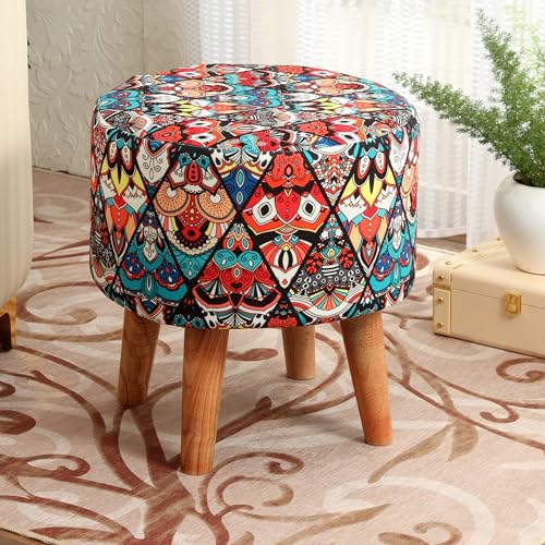 Image of NACIA Printed Sitting Ottoman Stool (16X16X17 Inches) for Living Room, Bedroom | Wooden Pouffes for Sitting & Footrest | Puffy Foot Stool Furniture for Home Decor | Dressing Table Ottoman (Multicross)