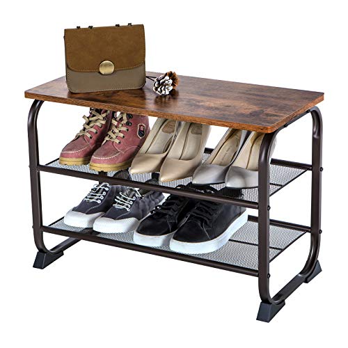 VASAGLE Industrial Shoe Bench Rack, 3-Tier Shoe Storage Shelf for Entryway Hallway Living Room, Wood Look Accent Furniture with Metal Frame, Easy Assembly
