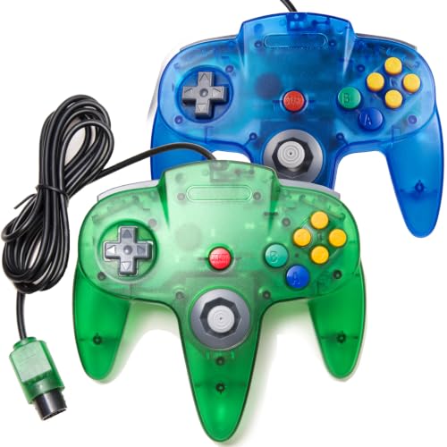 Image of KIWITATA 2 Pack Retro Wired N64 Remote Joystick Replacement Controller for Original N64 System Console Transparent Blue+Green