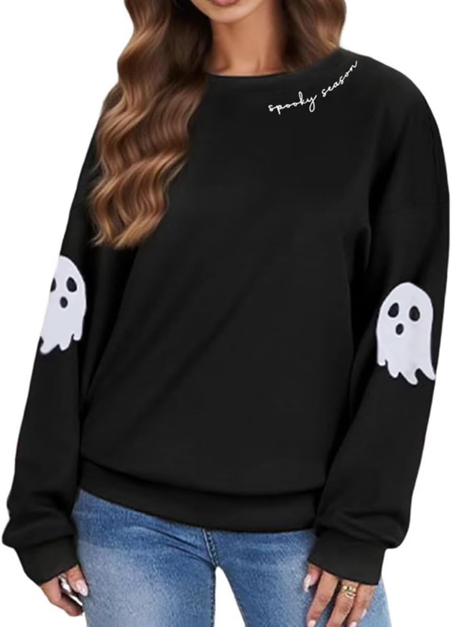 VKEGNIO Halloween Spooky Season Sweatshirts Women Cute Ghost Graphic Pullover Tops Casual Crewneck Funny Long Sleeve Sweater