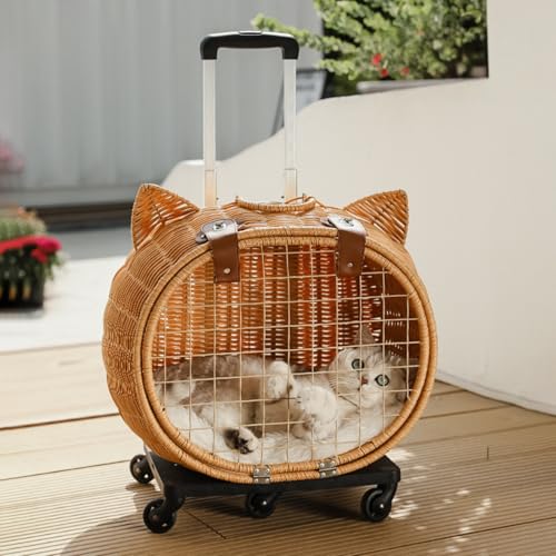 XXPPJJ 籐製ペットキャリー 、リュック ペットキャリー キャスター付き 猫 猫用 キャリー カート 犬 小型犬 ペットキャリーケース 折り畳み 取り外し可能な車輪 ドライブ 旅行 通院 防災 避難用 キャリー (トロリースーツケース)