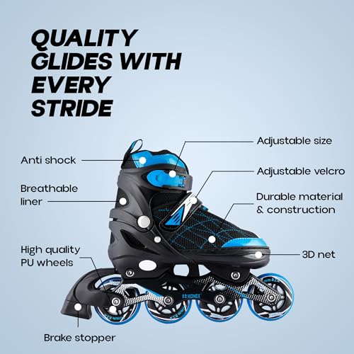 Image of Konex 4 Wheel Inline Skates for Kids | Adjustable PU Wheels & Durable | Trusty - Size M (32-34) Blue