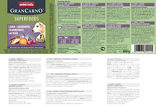 animonda GranCarno Hunde Nassfutter Superfoods Lamm + Amaranth (6x800g), getreidefreies Hundenassfutter ohne Zucker, für ausgewachsene Hunde, mit frischen fleischigen Zutaten