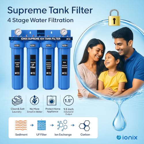 Image of IONIX 4 stage Washable UF Supreme Tank filter for whole house water filteration with 4 stages, All Type of Impurity removal from supply /Submersible Water | Tank water filter | 1 set | blue