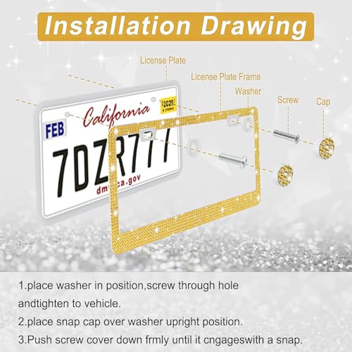 Image of Amiss Bling License Plate Frame for Women, 1Pack Rhinestone Handcrafted Crystal Premium Stainless Steel, Stainless Steel Car Decorative Accessories with Diamond Sparkle Glitter Caps (Gold)
