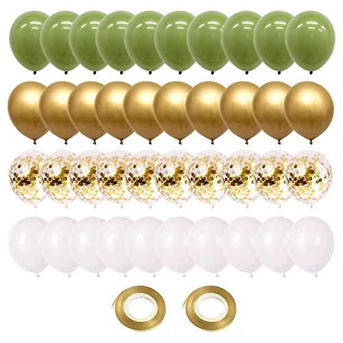 GUO-YING Ballon Vert Olive Or Blanc Ballons 60pcs 30cm Métalliques Confettis Latex Ballons avec Rubans pour Enfants Adulte Anniversaire Mariage Baby Shower Baptême Fête de Décoration (Vert Olive)