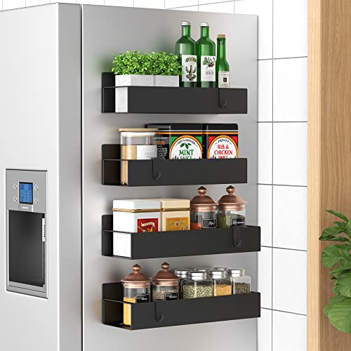 Image of HuggieGems Metal Magnetic Spice Rack for Refrigerator with Hooks Matt Black