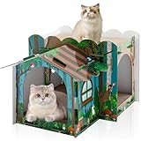 Lineshading Multi-Level Cardboard Cat House with Scratch Pad for Small Kitten,17"x12"x10" Durable Cat Condo & Villa with 2-Story for Bunny Rabbit Small Animals Birthday (Forest)