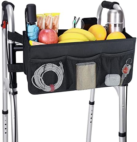 Upgrade Dotday Walker Basket Walker Bag Water Cup Holder, Foldable Walker Storage Bag with Big Capacity & Never Tipping Over, Best Gift for Family - Black (Not Fit Rollator Walkers)