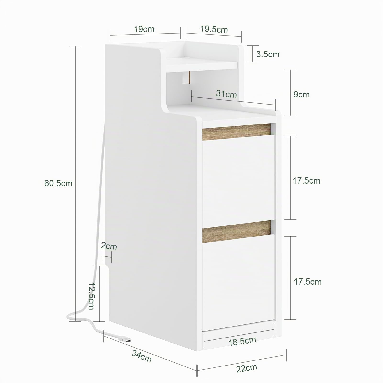 SoBuy comodino stretto con ricarica e Lampada LED touch, 22x34x60.5cm | 22cm Tavolino salotto con USB & Type-C, barra LED dimmerabile USB cavo 1,8 m, battiscopa e antiribaltamento, FBT178-E-WN