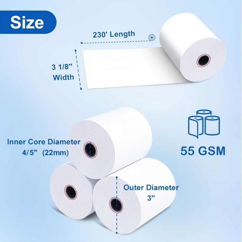 Image of (50 Rolls) 3 1 /8 x 230 Thermal Paper Receipt Rolls (55 GSM Premium Quality) Fits All POS Cash Registers BPA Free