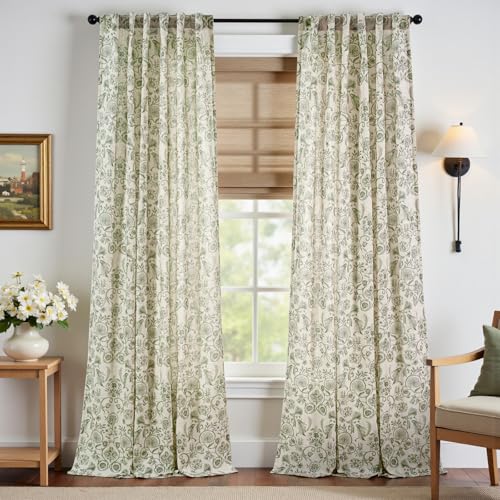 Image of jinchan Linen Floral Curtains for Living Room with Printed Flower 96 Inches Long Light Filtering Farmhouse Window Treatment Vintage Drapes Back Tab Rod Pocket 2 Panels Green on Beige