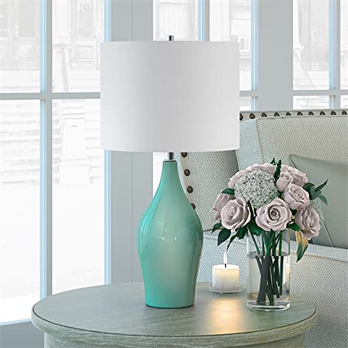 Bella 28.25" Tall Porcelain Table Lamp With Fabric Shade In Teal Porcelain/White #TOP1