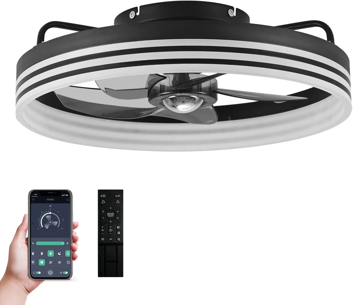 Letmarey Modern Flush Mount Ceiling Fans with Lights Remote Control, Low Profile LED Dimmable Ceiling Fan Light 5 Blades 6 Speed Quiet Reversible, for Indoor Installation. Blackness