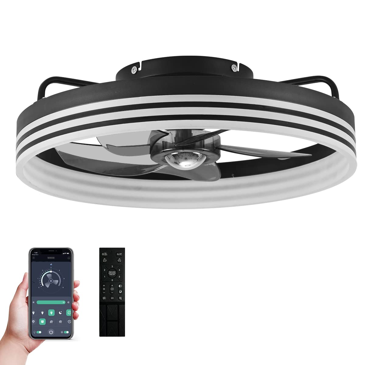 Letmarey Flush Mount Low Profile Ceiling Fans with Lights and Remote Control, 18" Modern Ceiling Fan Light 5 Blades 6 Speed Reversible LED Dimmable, for Indoor Installation. (Black)