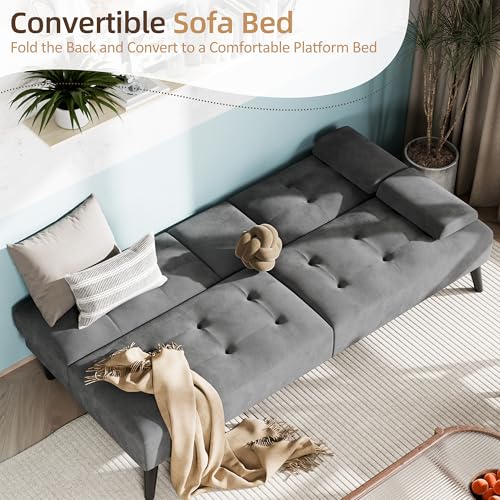 Image of Shintenchi Futon Sofa Bed, Velvet Foldable Couch, Reclining Sleeper with Removable Armrests, Upholstered Loveseat Sofa Couch with Folding Cup Holders for Home, Office, Dark Grey
