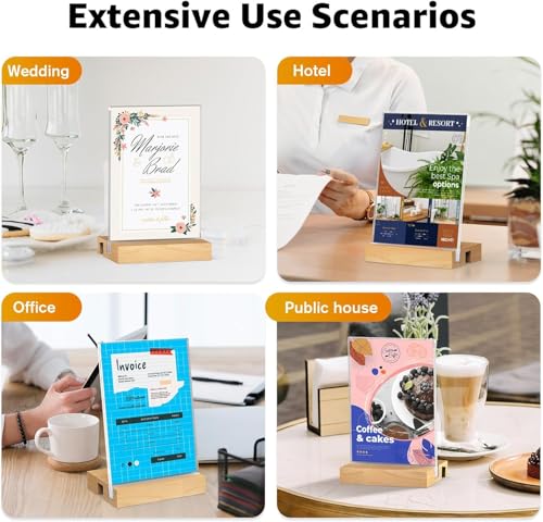 Image of Desi Rang Acrylic Signage Holder With Wooden Base (4X6 In (A6), Straight /Slant Placing, 2 Side, Pack Of 3) Clear Display Table Sign Picture Frame Flyer Menu Stand Office Wedding Restaurant Hotel Home