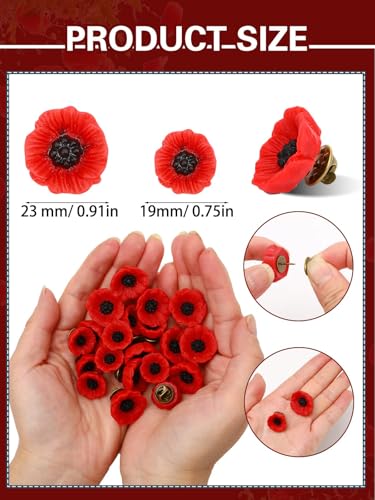 Image of JUNEBRUSHS 28 Pcs Memorial Day Poppy Flower Pins Resin Red Poppy Brooch Lapel Pin Lest We Forget Poppy Pins for Remembrance Veterans Day Wedding Home Garden Decoration (2 Size)