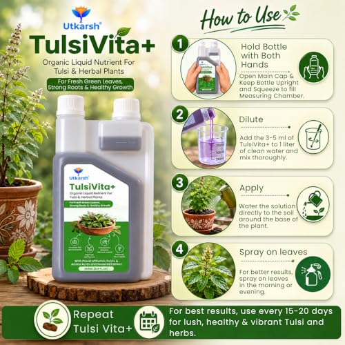 Image of Utkarsh TulsiVita+ - Organic Liquid Potting Mixture for Tulsi Plants, 100 ML | Plant Growth Nutrients & Natural Fertilizer with Humic, Fulvic & Amino Acids & Seaweed for Healthy Growth & Flowering