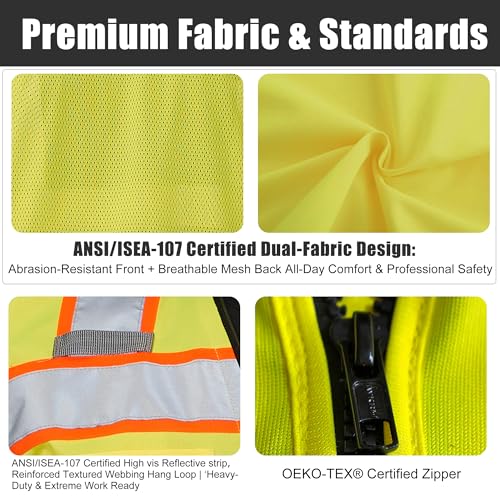 Image of High Vis Reflective Safety Vest for Men Women Zipper Ipad Pockets Mesh Construction Apparel Neon Vest for Work
