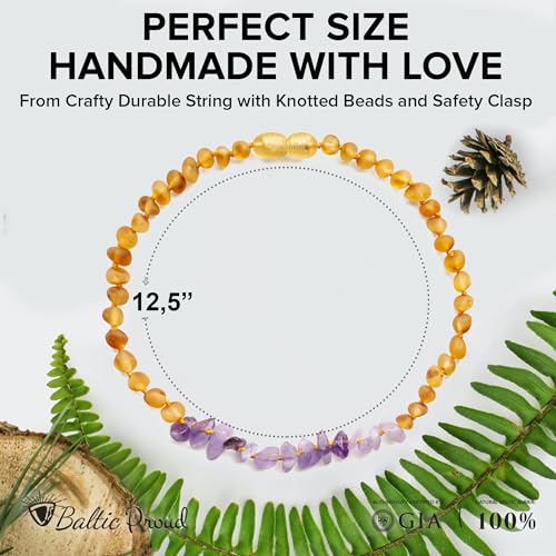 Baltic Proud Amber Necklace (Unisex Honey Raw Amethyst 12.5 Inches) - Certified Premium Quality Raw Baltic Sea Amber2