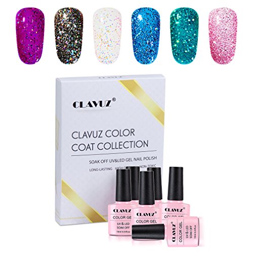 Gel Polish,CLAVUZ 6pcs Glitter Nail Polish Kit Soak Off UV LED Nail Lacquer Manicure Nail Art Tool Kit 10ML