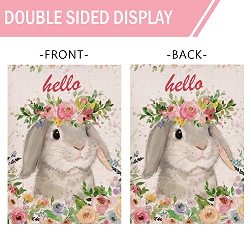 Furiaz Home Decorative Hello Easter Bunny Small Garden Flag, Spring Rabbit Yard Outdoor Decoration Rose Flowers Sign, Holiday Floral Burlap Seasonal Outside Decor Double Sided 12 X 18 #TOP6