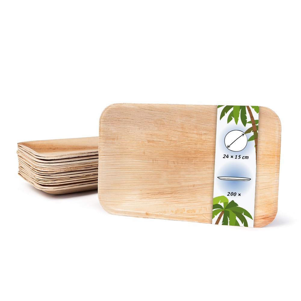 Palmware - Servizio da Tavola in foglie di palma I 200 pezzi piastra di Palma rettangolare 24x15cm I Stoviglie biologiche biodegradabili Stoviglie da festa Stoviglie monouso compostabili