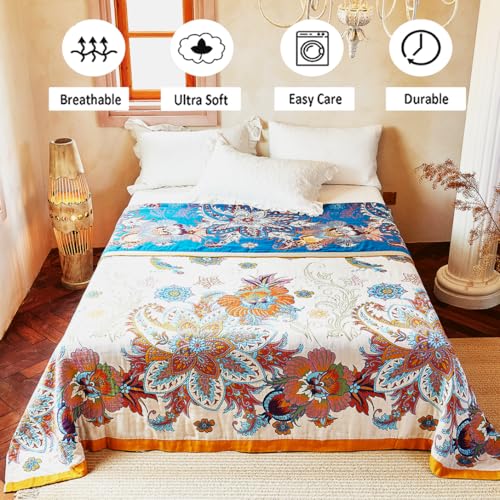 Boho Throw Blanket, 100% Organic Cotton Breathable Skin-Friendly Ultra Soft Bed Quilt Throw - All Season Floral Bird Farmhouse Décor Luxury Blanket for Sofa Couch Chair and Gift. 80" x 90"