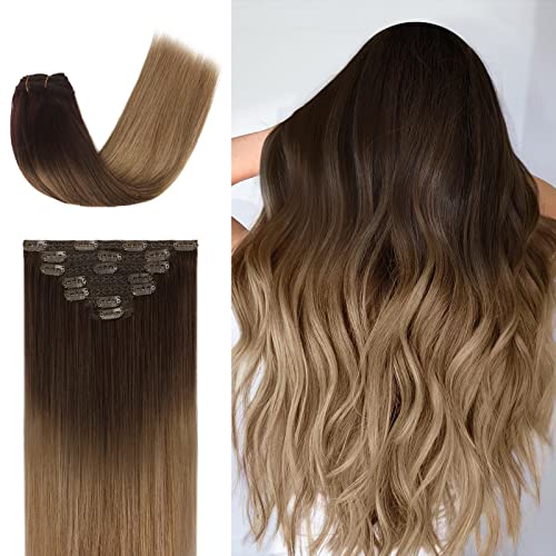 FESHFEN Clip in Human Hair Extensions Real Human Hair Extension 7 PCS Natural Silky Balayage Chocolate Brown to Light Brown and Medium Blonde Straight Long Remy Hair Extensions for Women, 18 inch 120g