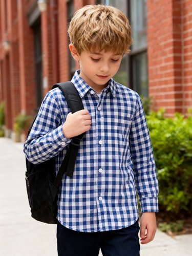 Image of Size 5-10 Years Boys' Long Sleeve Buffalo Plaid Button-Down Shirt Fall Thin Outfits Kids Clothes