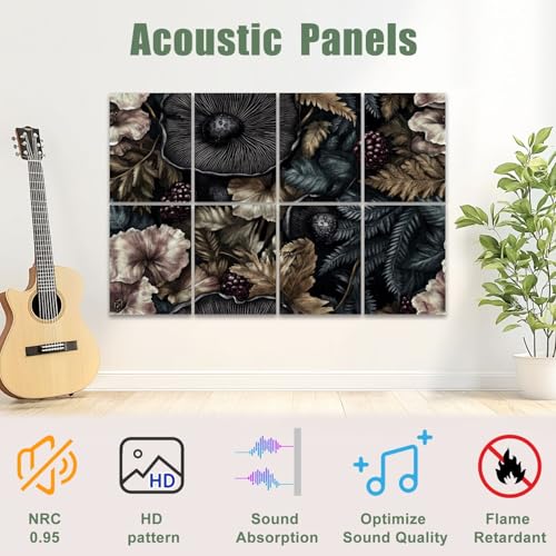 Paneles acústicos artísticos absorventes de sonido 8 piezas 48"x32" decorativos en negro con diseño floral y setas miniatura 3