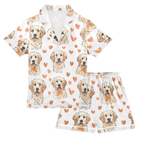 Golden Retriever Retriever Prints Summer Satin Pajama Set, Cute Button-Down Sleepwear Pj Set for Sleep Wears
