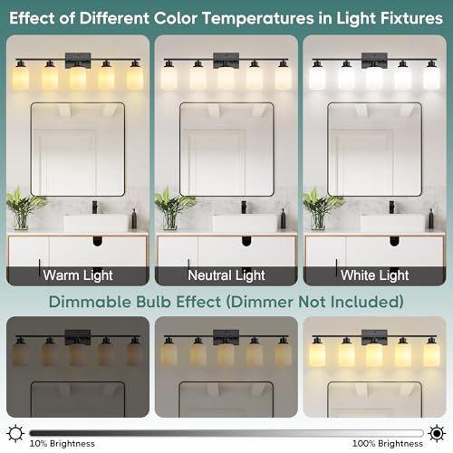 Image of Ascher Bathroom Light Fixtures, 5-Light Vanity Light Over Mirror, Matte Black Wall Sconces with Milky White Frosted Glass Shades, Wall Lamp for Living Room Bedroom, E26 Base(Bulbs Not Included)