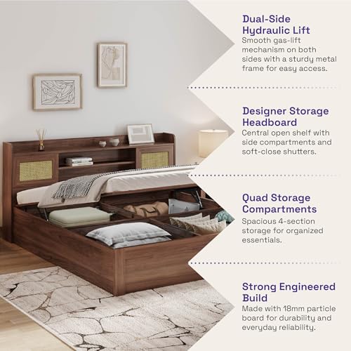 Image of Wakefit Bed | 3 Yr Warranty | King Size Bed, Comes with Hydraulic Storage, Noise-Free, Density: 680-750 kg /m, Termite & Borer Resistant, Fits Mattresses Up to 8 inches(Tesser 78x72- Columbian Walnut)
