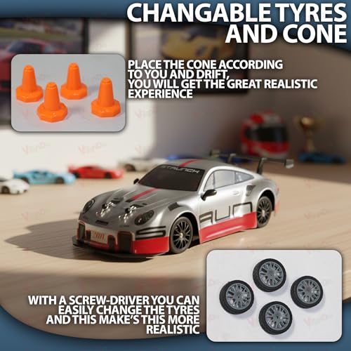 Image of VikriDA 1:24 Scale RC Drift Car - 4WD High-Speed RC Racing Car with LED Lights, 2.4GHz Controller, Rechargeable Batteries & Drifting Tires - Grey & Red