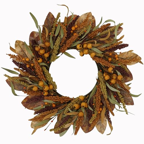 KORSMV Artificial Fall Wreaths for Front Door 22 inch Autumn Wreath with Mixed Magnolia...