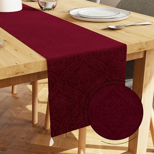 Image of Encasa XO 8 Seater Dining Embossed Velvet Table Runner | Size 32x240 cm | Maroon Color with Premium Polyester - Machine Washable