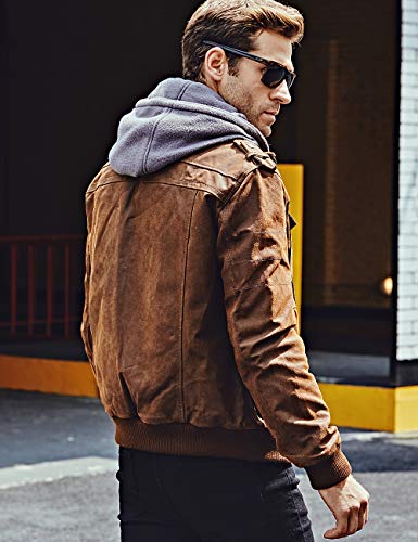 Image of FLAVOR Men Brown Leather Motorcycle Jacket with Removable Hood | Genuine Leather, Removable Hood, Windproof, Multi Pockets, Fall Winter Coats, Riding and Daily Wear, Moto Biker Jacket Men