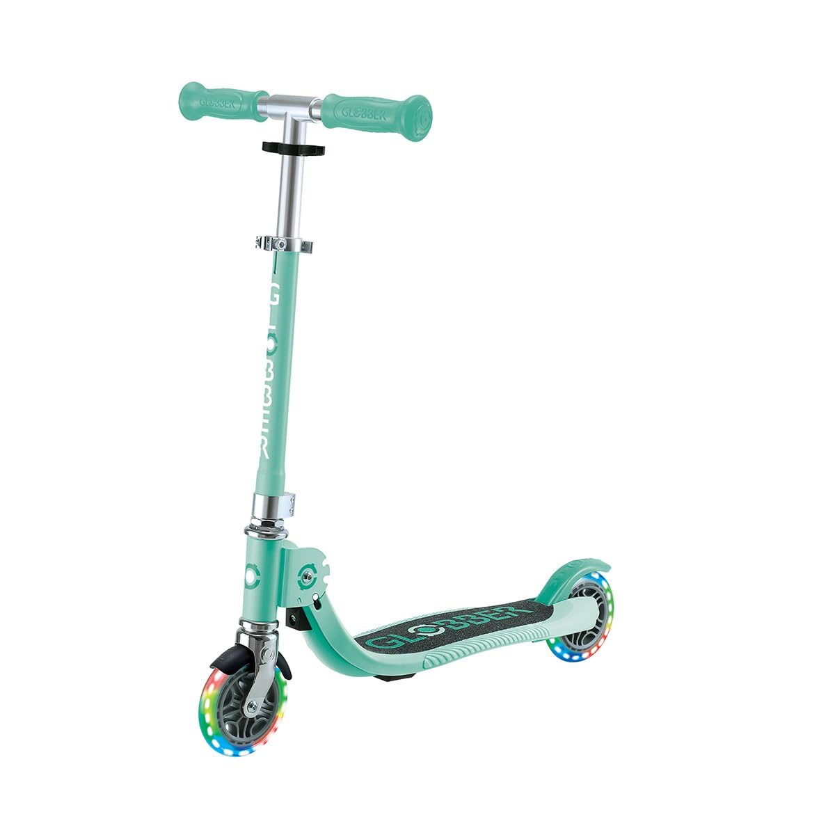 Globber - Flow Foldable Junior Lights - Patinete Plegable de 2 Ruedas con Manillar Ajustable y Ruedas Luminosas, Desde los 3 años, para niños Que aprenden a equilibrarse - Verde
