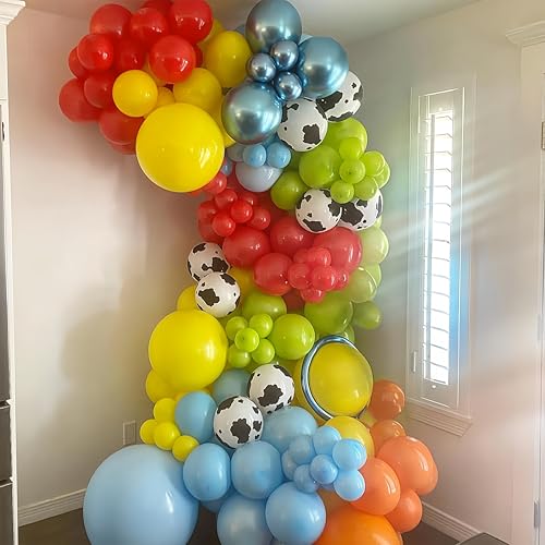 Image of Toy Kids Birthday Balloons, 12 Inch Red Yellow Blue balloons With Cow Print Sky Light Blue Cloud Balloon, Lime Green Balloon for Toy Birthday Decorations Boys Girls Party Decorations