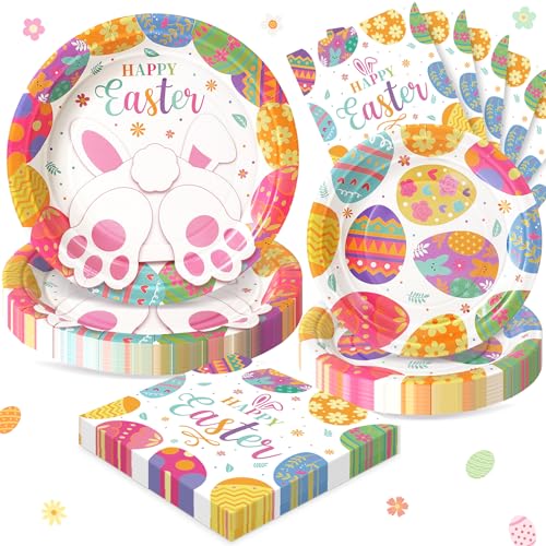 Fighting to Achieve Happy Easter Plates and Napkins 72PCS Colorful Easter Party Supplies Bunny and Eggs Disposable Paper Plates Spring Party Supplies Rabbits Easter Party Decorations Serves 24