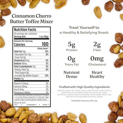 Image of Belmont Peanuts Gourmet Cinnamon Churro Butter Toffee Mixer with Cinnamon-Coated Sea Salt and Butter Toffee Virginia Peanuts, 18 oz (1 Pack) - Simple Ingredients, No Preservatives, Hand Seasoned