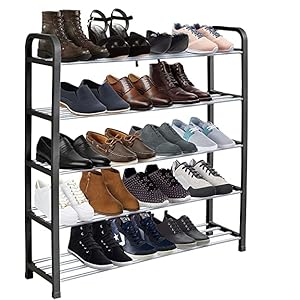 KEPLIN 5 Tier Shoe Slots Rack – Space Saving Shoe Storage Organiser with Quick, Tool-Free Assembly – Shoe Slots Holds 15-20 Pairs – Dimensions (L) 75.5cm x (W) 18.5cm x (H) 75.5cm – Black