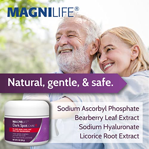 Image of MagniLife Dark Spot Care, 2 oz, No Bleach Formula for Pigmentation, Liver Spots, Scars, Discoloration & Uneven Skin Tone, With Bearberry & Licorice Root Extract, For Face, Chest, Hands and Body