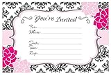 Modern Pink & Black Party Invitations - Birthday, Bachelorette, Bridal Shower - Fill In Style (20 Count) With Envelopes