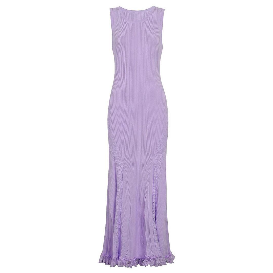 Vestido de fiesta de noche para mujer, sin mangas, largo, de encaje, ajustado, color morado y rosa
