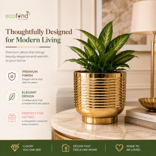 Image of ecofynd 1 Pack Metal Plant Pots (7 inch), Indoor Small Planter Flower Pots, Home Garden Decor Planter for Living Room Bedroom Interior (Gold Finish, POT049)