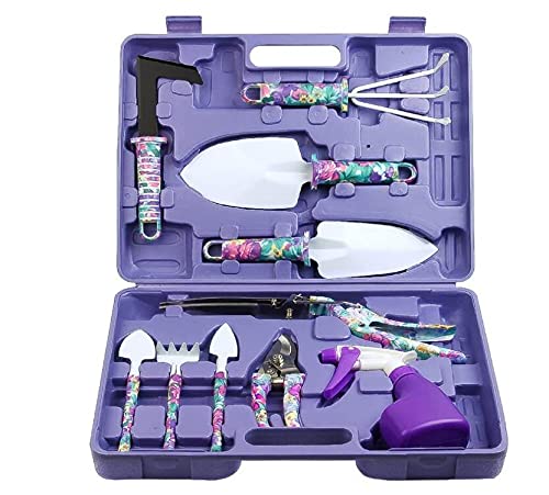 Beauenty Garden Tool Set, 10 Pieces Gardening Tools Kit with Purple Flower Print, Ergonomic Handle Trowel Rake Weeder Pruner Shears Sprayer, Garden Hand Tools with Carrying Case (Purple)